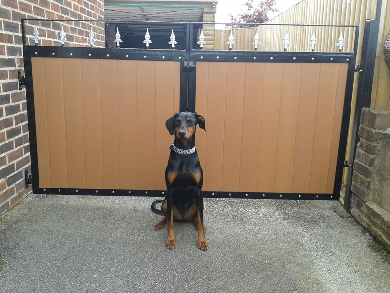 Steel gates infilled with recycled plastic wood tongue and groove oak profiles